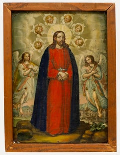 Olio del XIX secolo incorniciato - Cristo circondato dagli angeli