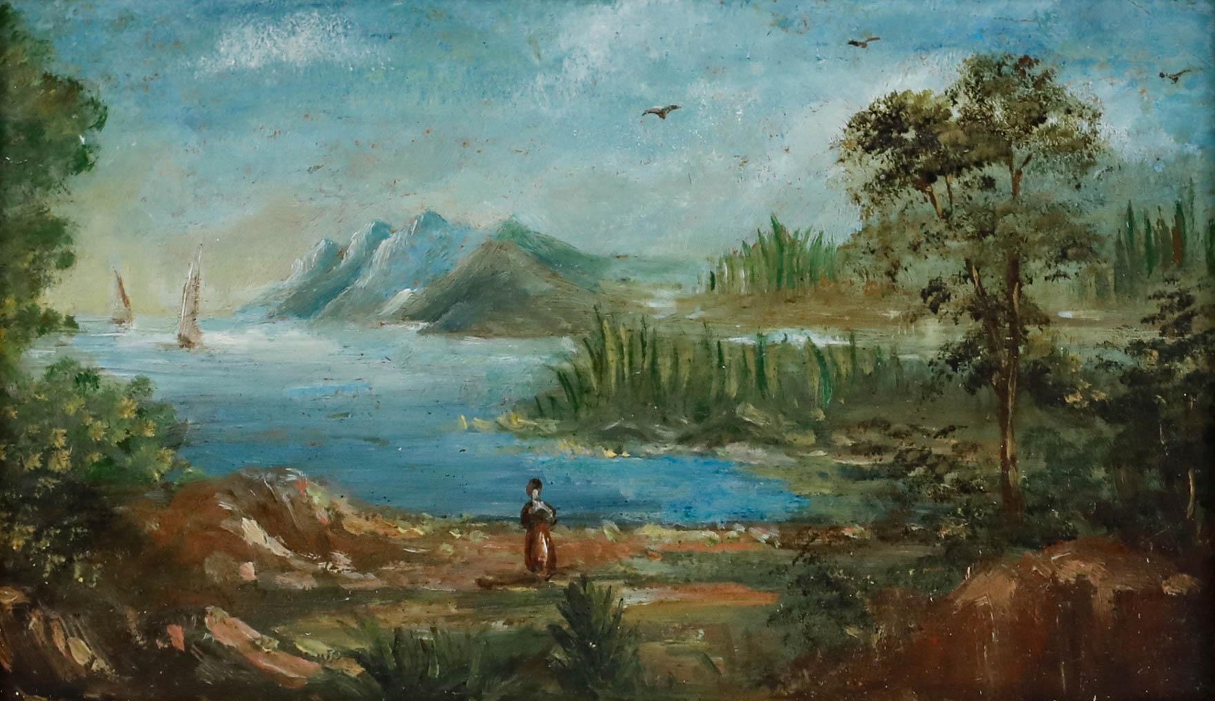 Framed 19th Century Oil - Coastal Landscape with Sailboats - Painting by Unknown