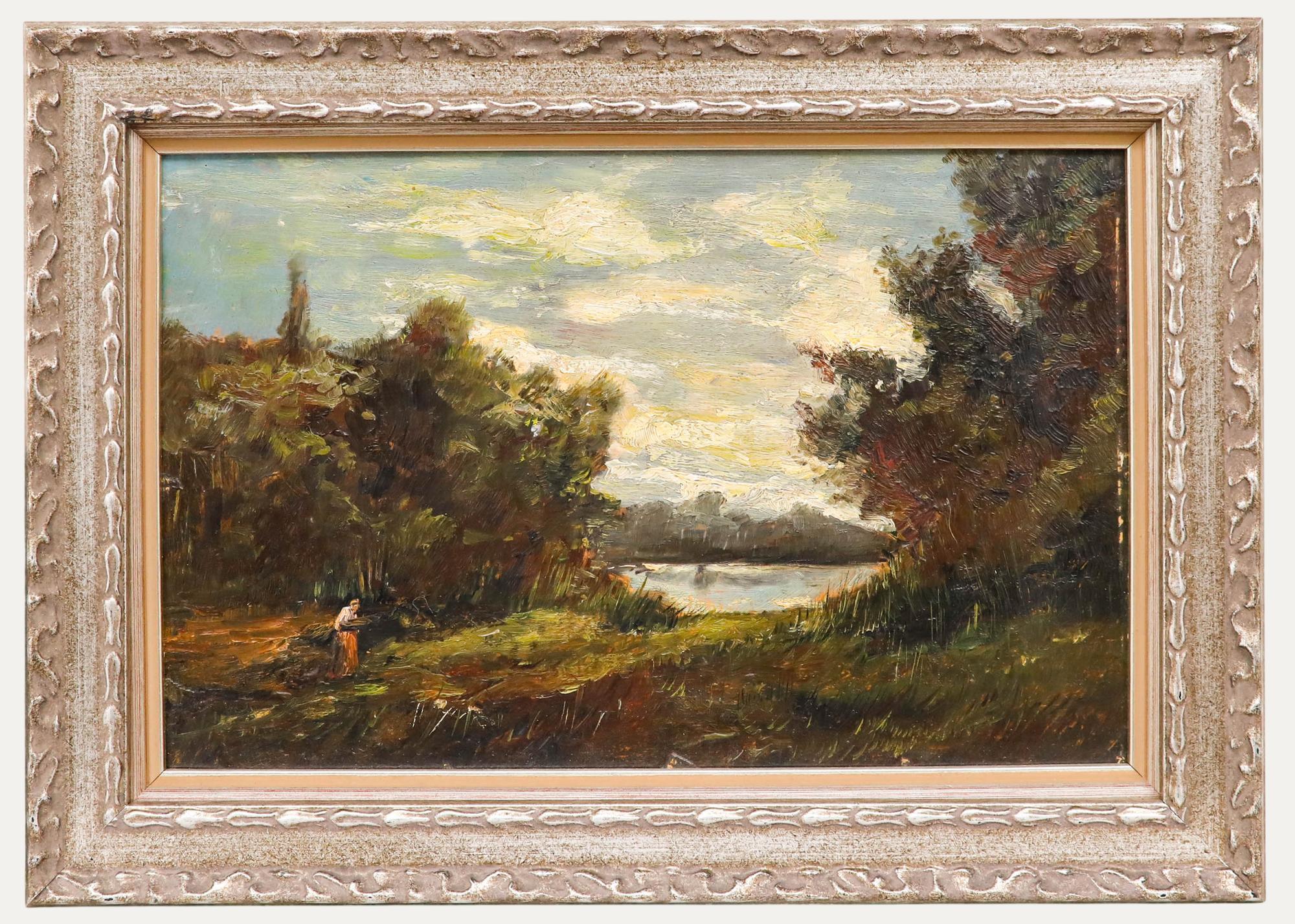 Unknown Landscape Painting - Framed 19th Century Oil - Collecting Firewood
