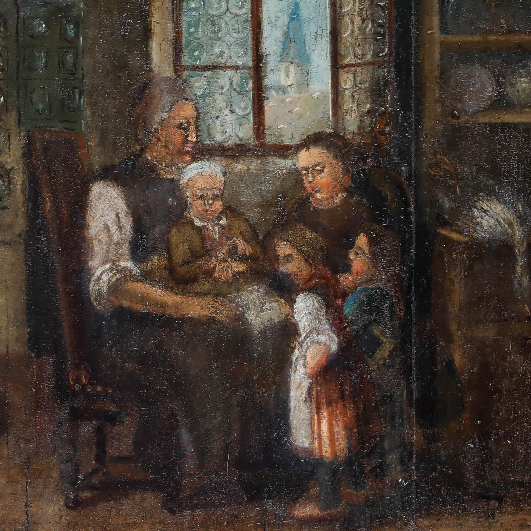 Óleo enmarcado del siglo XIX - Escena familiar - Figurative Painting Negro de Unknown