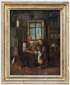 Óleo enmarcado del siglo XIX - Escena familiar