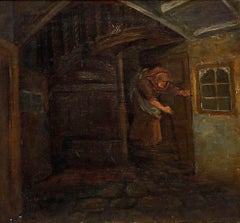 Framed 19th Century Oil - Figure on a Dark Staircase