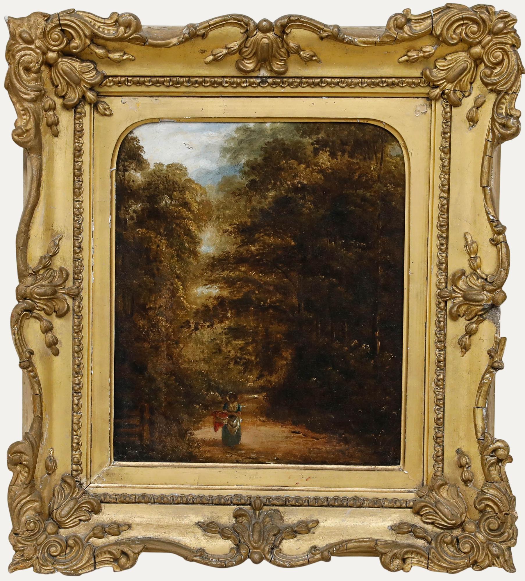Framed 19th Century Oil - Figure on a Wooded Path