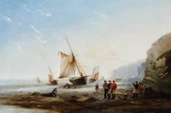 Framed 19th Century Oil - Fisherfolk Working on the Shore