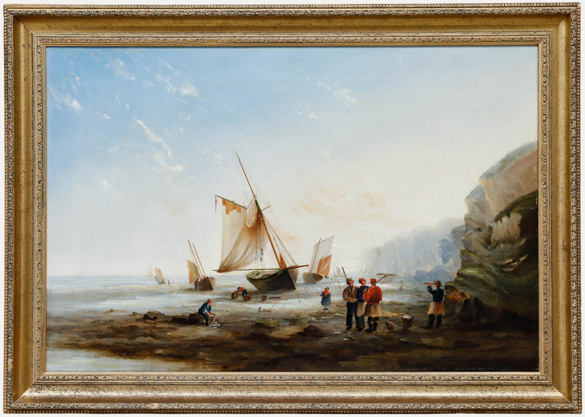 Framed 19th Century Oil - Fisherfolk Working on the Shore