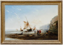 Framed 19th Century Oil - Fisherfolk Working on the Shore