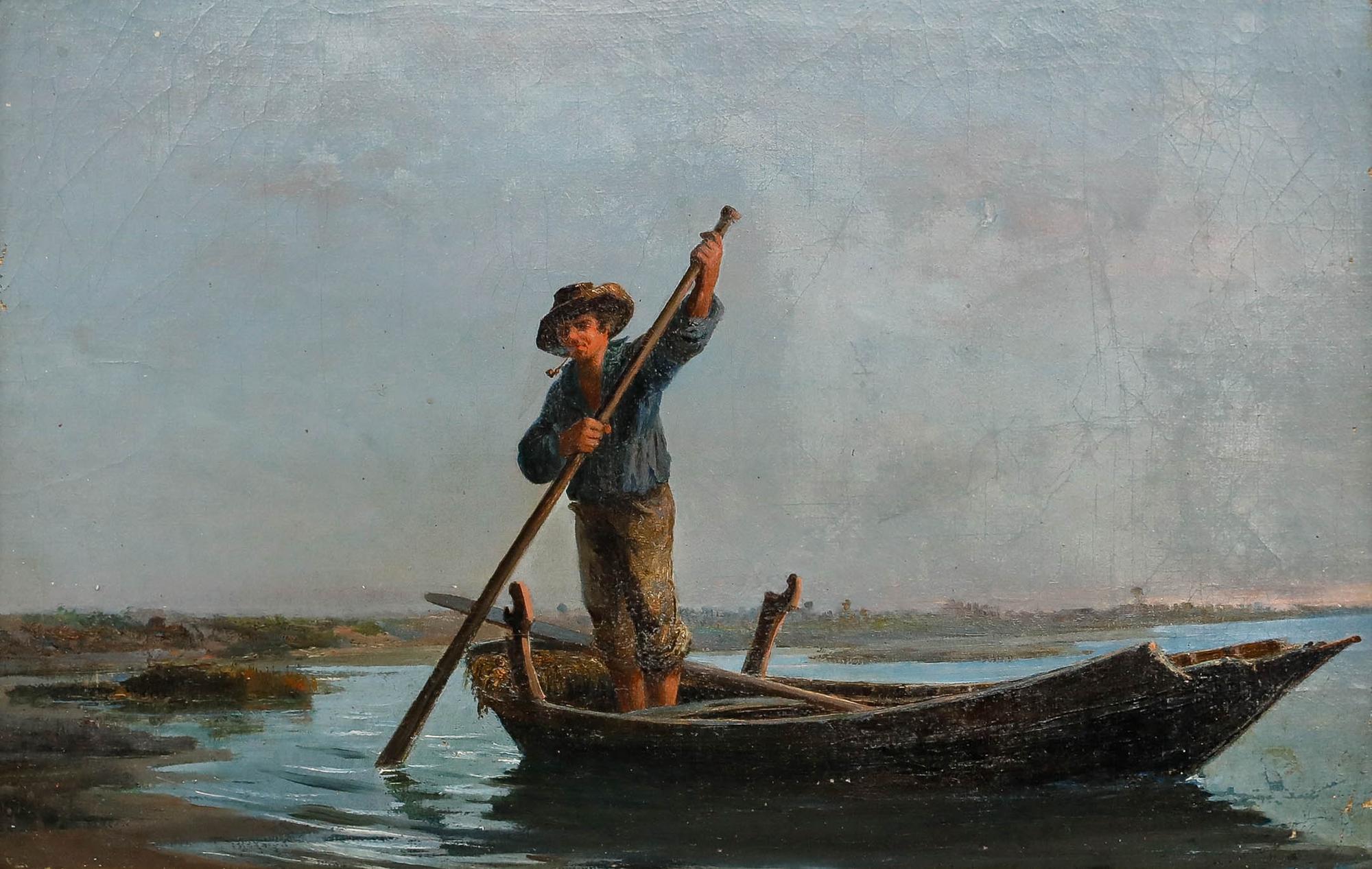 Framed 19th Century Oil - Fisherman in a Coastal Inlet - Painting by Unknown
