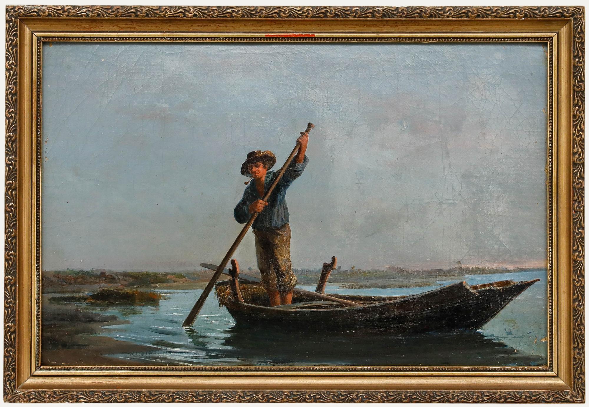 Unknown Portrait Painting - Framed 19th Century Oil - Fisherman in a Coastal Inlet