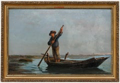 Framed 19th Century Oil - Fisherman in a Coastal Inlet