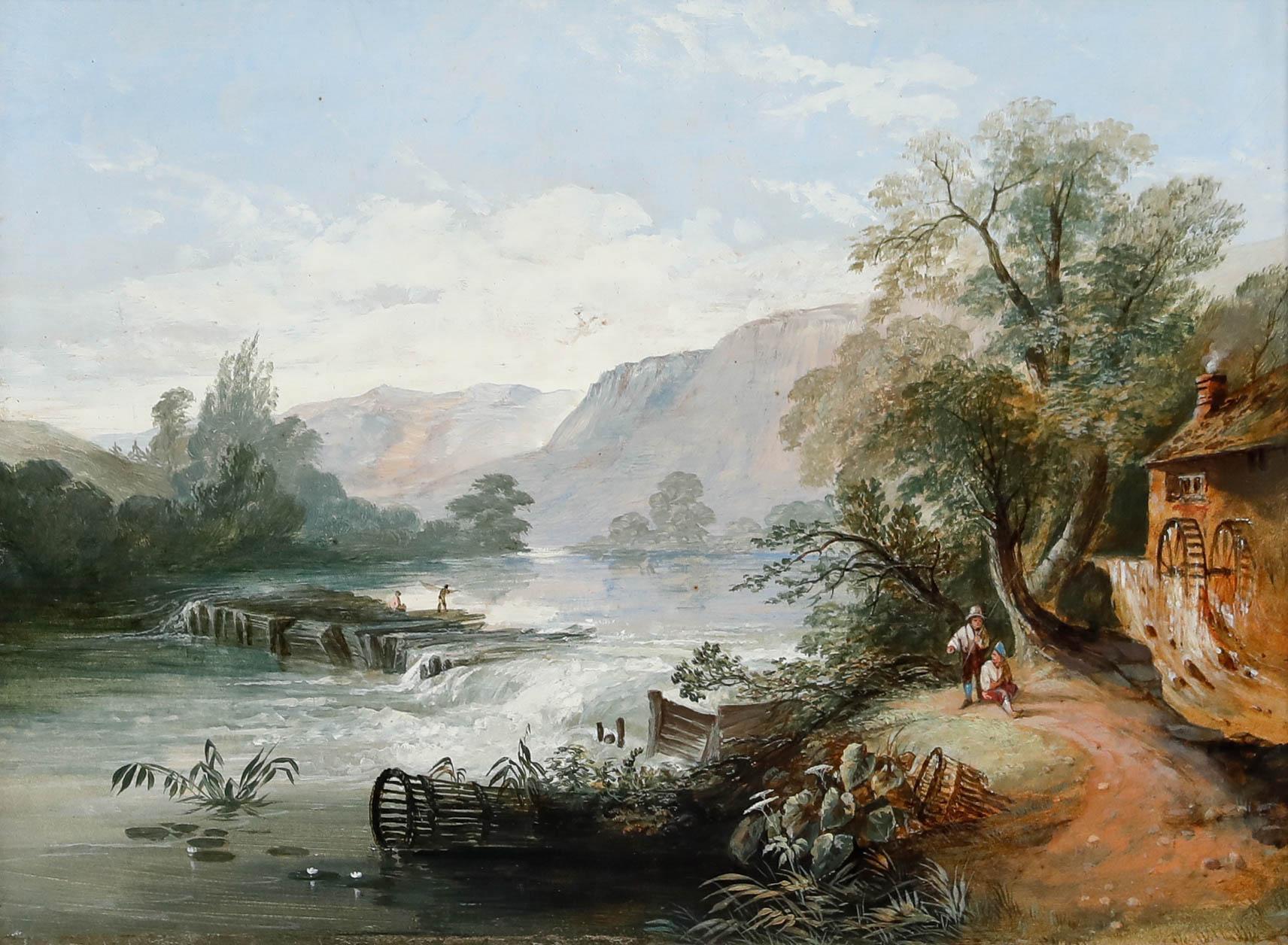 Gerahmtes Öl aus dem 19. Jahrhundert - Fischen am Wehr – Painting von Unknown