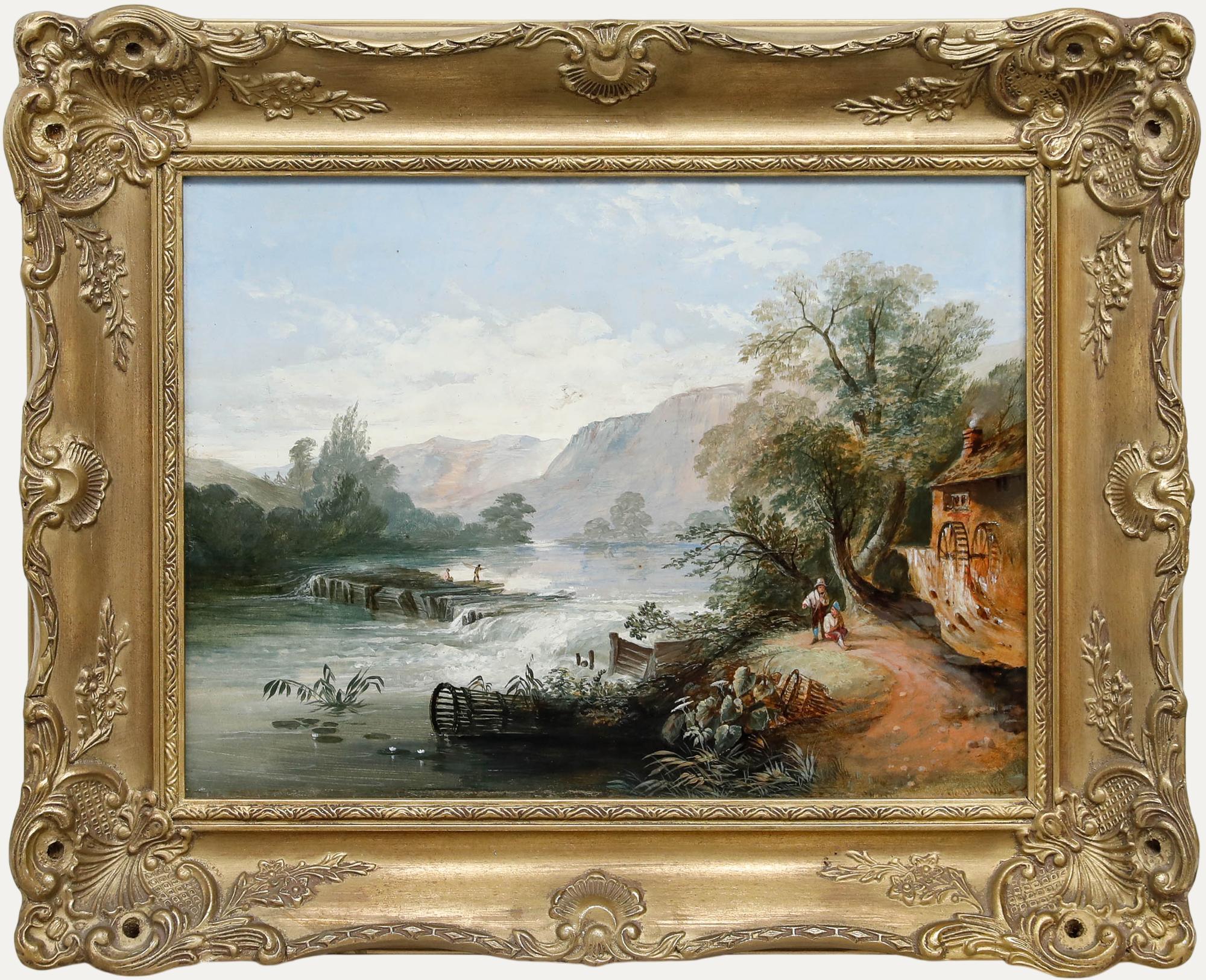 Gerahmtes Öl aus dem 19. Jahrhundert - Fischen am Wehr
