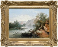 Gerahmtes Öl aus dem 19. Jahrhundert - Fischen am Wehr