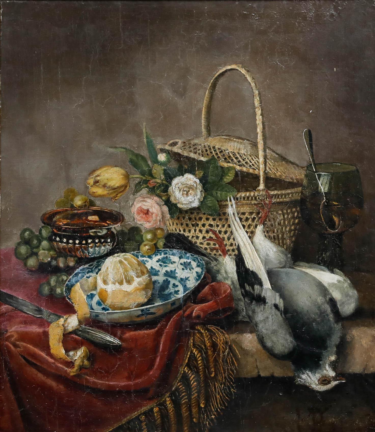 Framed 19th Century Oil - Flowers, Lemon, and Pigeon - Painting by Unknown