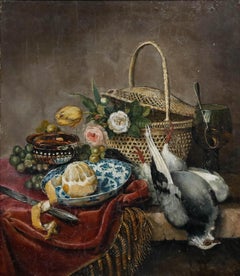 Framed 19th Century Oil - Flowers, Lemon, and Pigeon