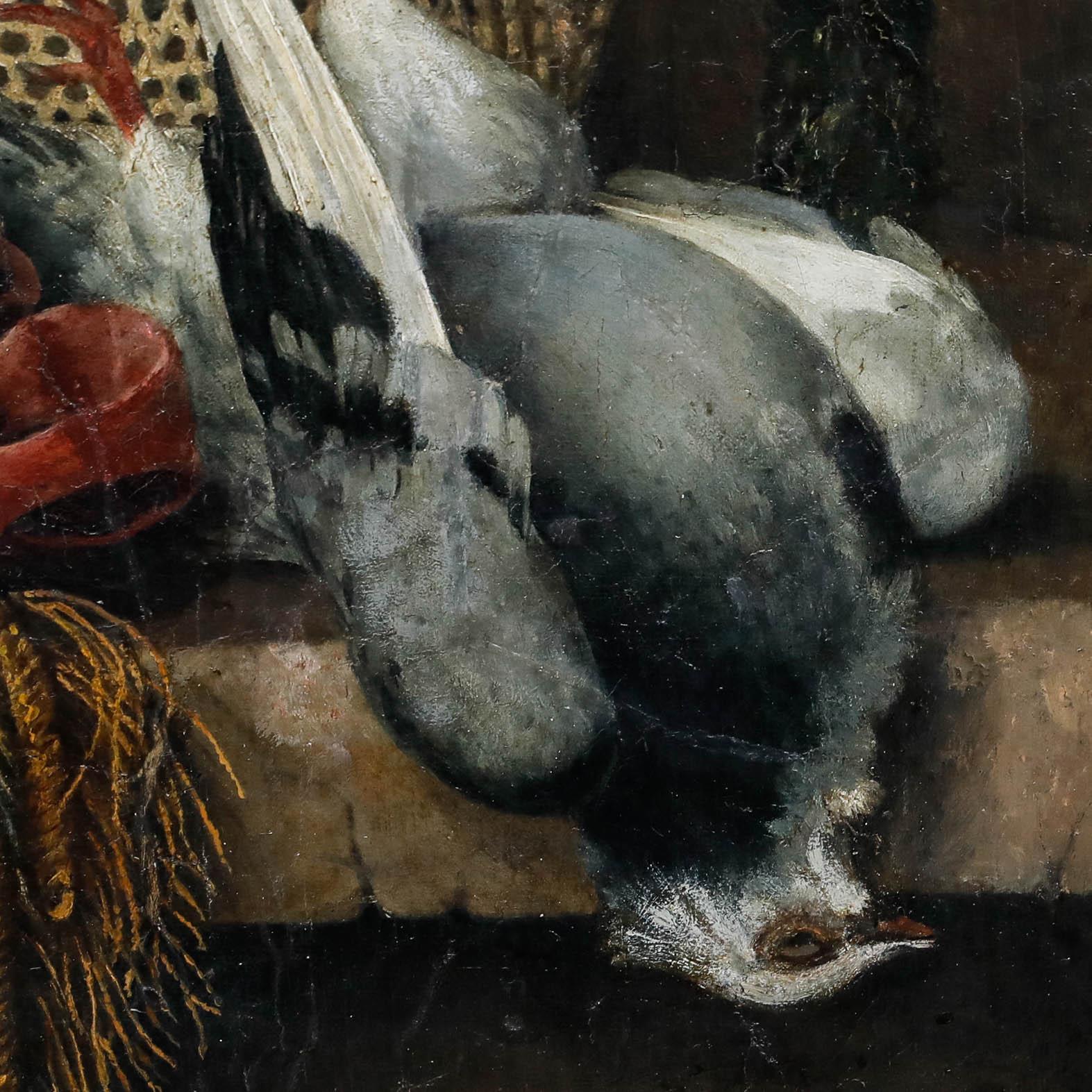 Framed 19th Century Oil - Flowers, Lemon, and Pigeon For Sale 1