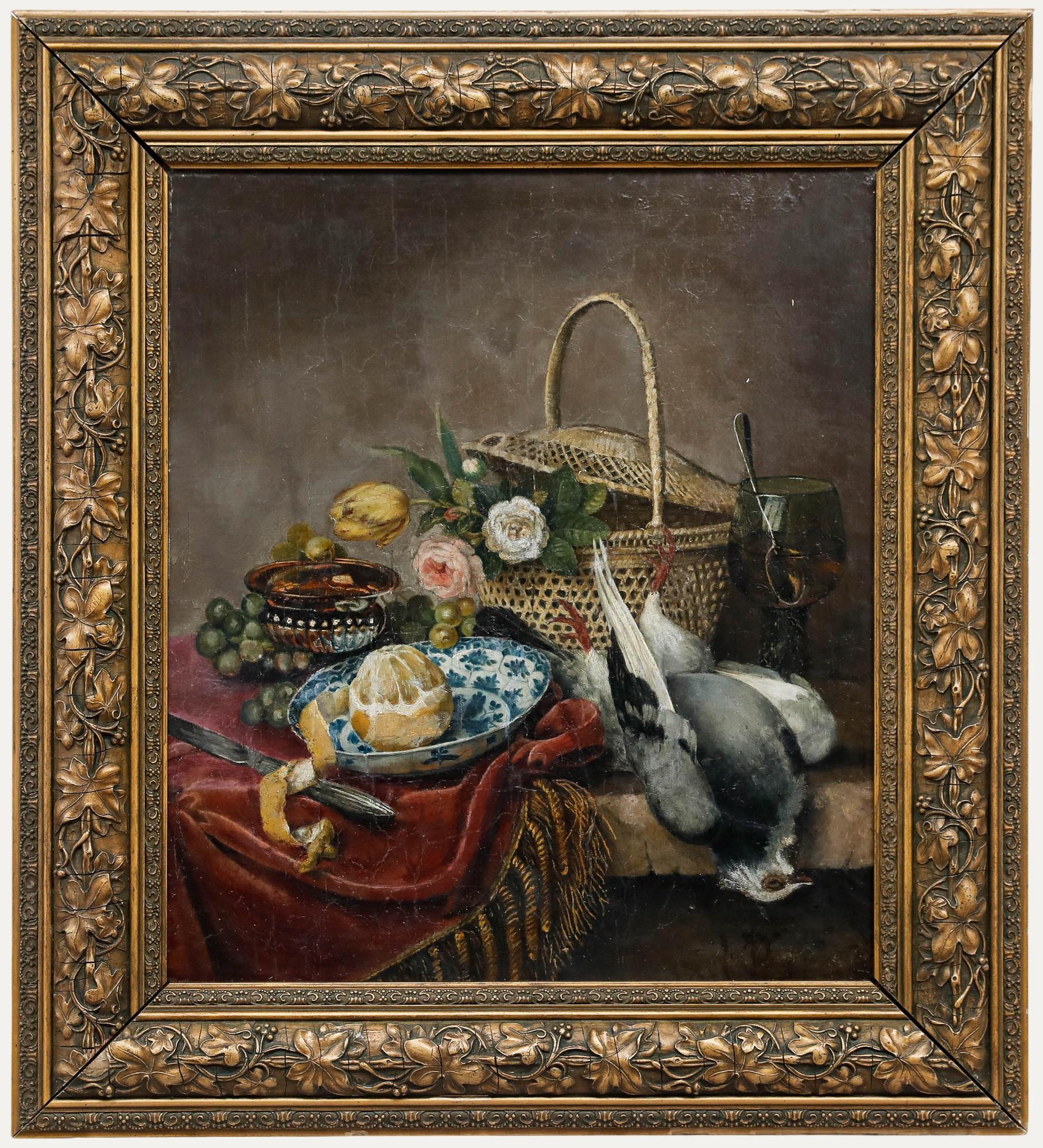 Unknown Still-Life Painting - Framed 19th Century Oil - Flowers, Lemon, and Pigeon