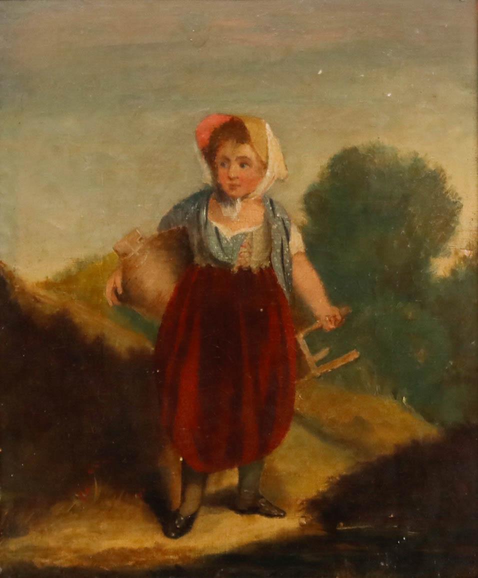 Huile du 19e siècle encadrée - Girl with the Milking Stool - Painting de Unknown