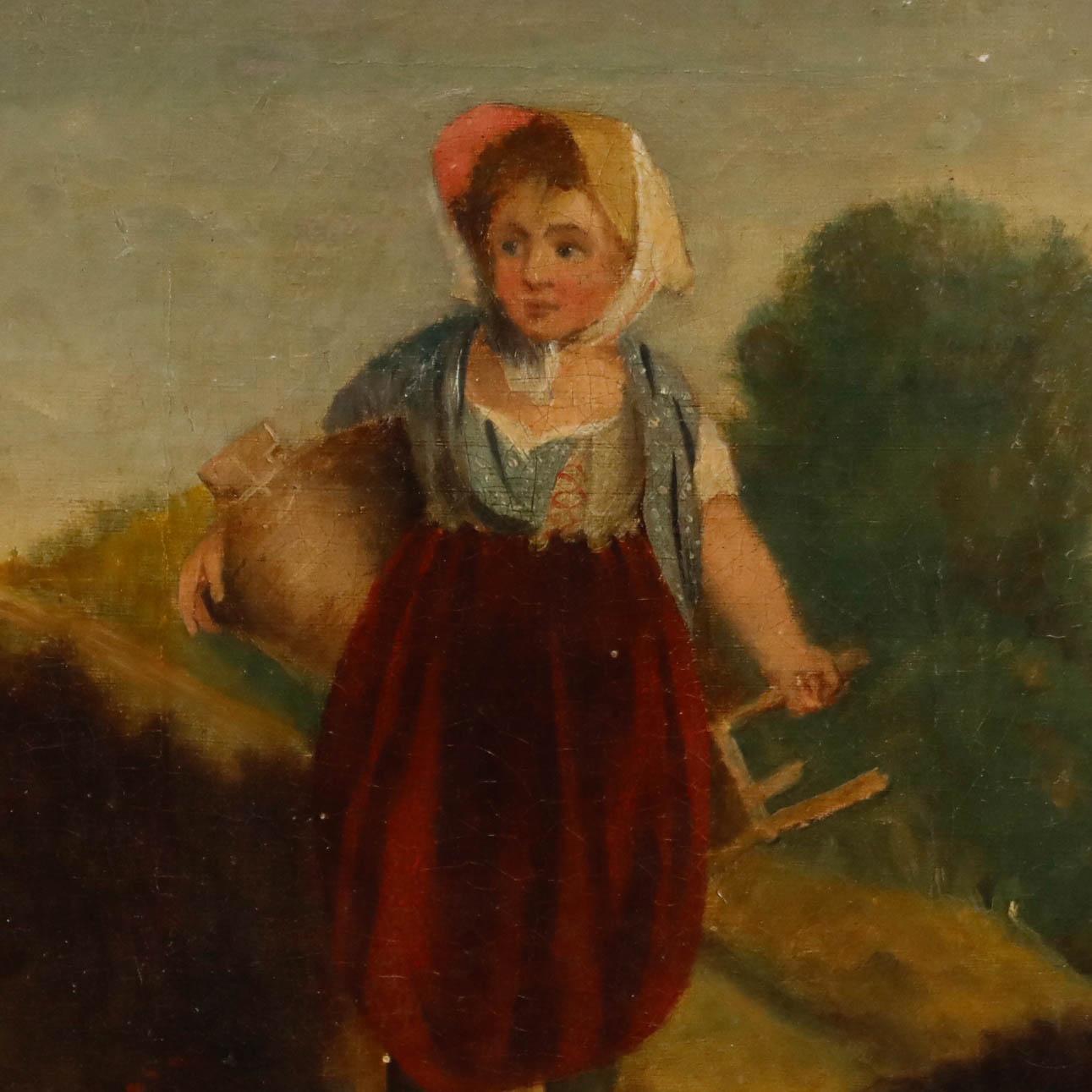 Charmant portrait du XIXe siècle d'une jeune fermière prête à traire avec un seau et un tabouret. La jeune fille porte une jupe rouge écarlate, un corsage bleu pâle, des chaussures noires à boucle et un bonnet de paille. Bien présenté dans un cadre