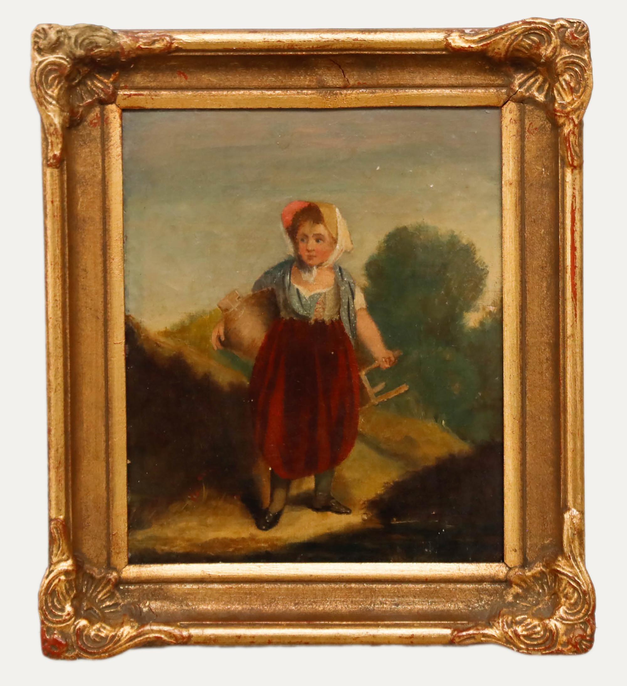 Portrait Painting Unknown - Huile du 19e siècle encadrée - Girl with the Milking Stool