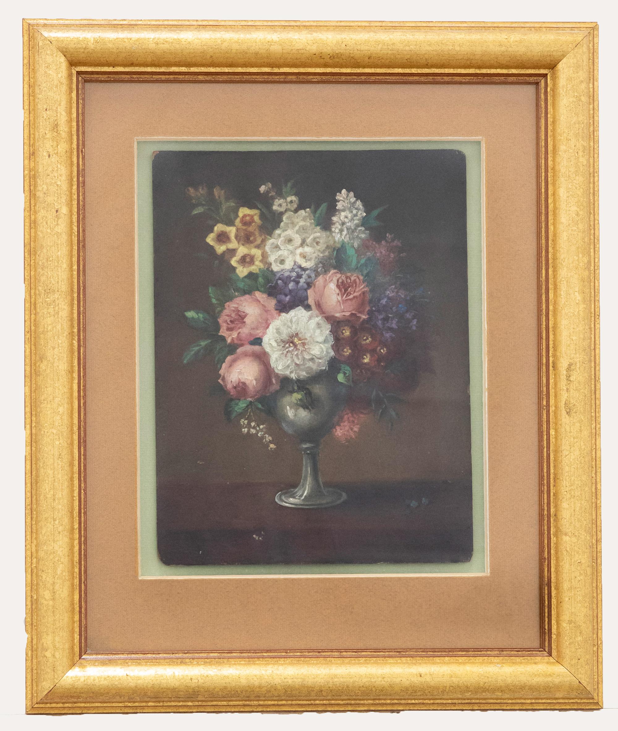 Unknown Still-Life Painting - Framed 19th Century Oil - Goblet of Flowers