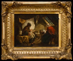 Framed 19th Century Oil - Interior Scene with Women and Baby