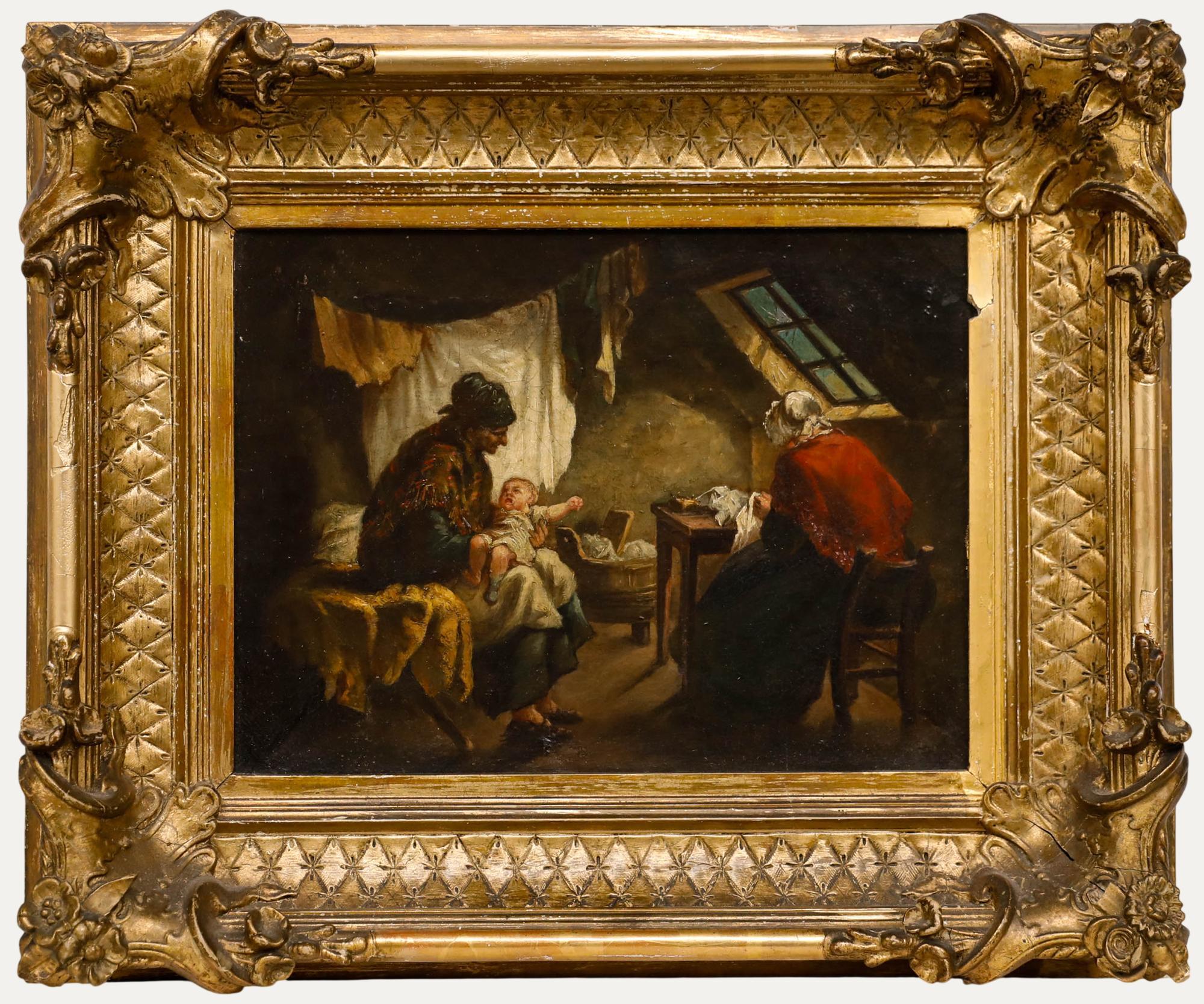 Framed 19th Century Oil - Interior Scene with Women and Baby