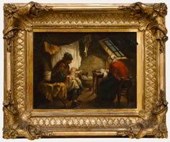 Framed 19th Century Oil - Interior Scene with Women and Baby