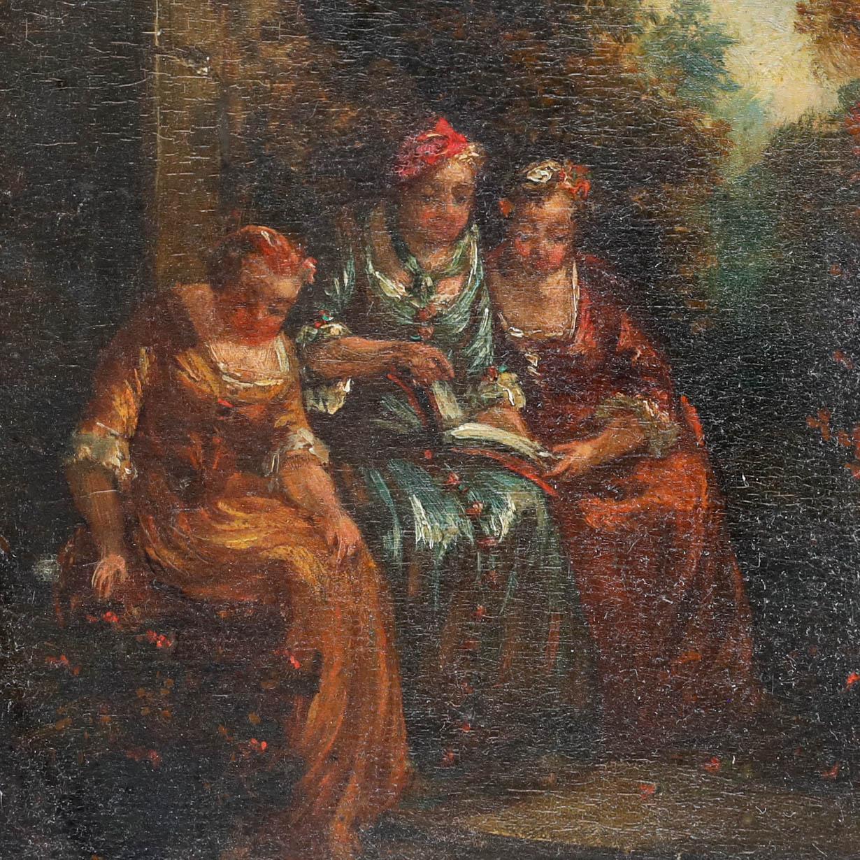 This intimate scene depicts three friends in 18th-century dresses of fine jewel colours, gathered at a quiet corner of a garden, engrossed in a book. Towering trees, rendered in warm earth tones, create a sense of romantic reverie typical of 18th-