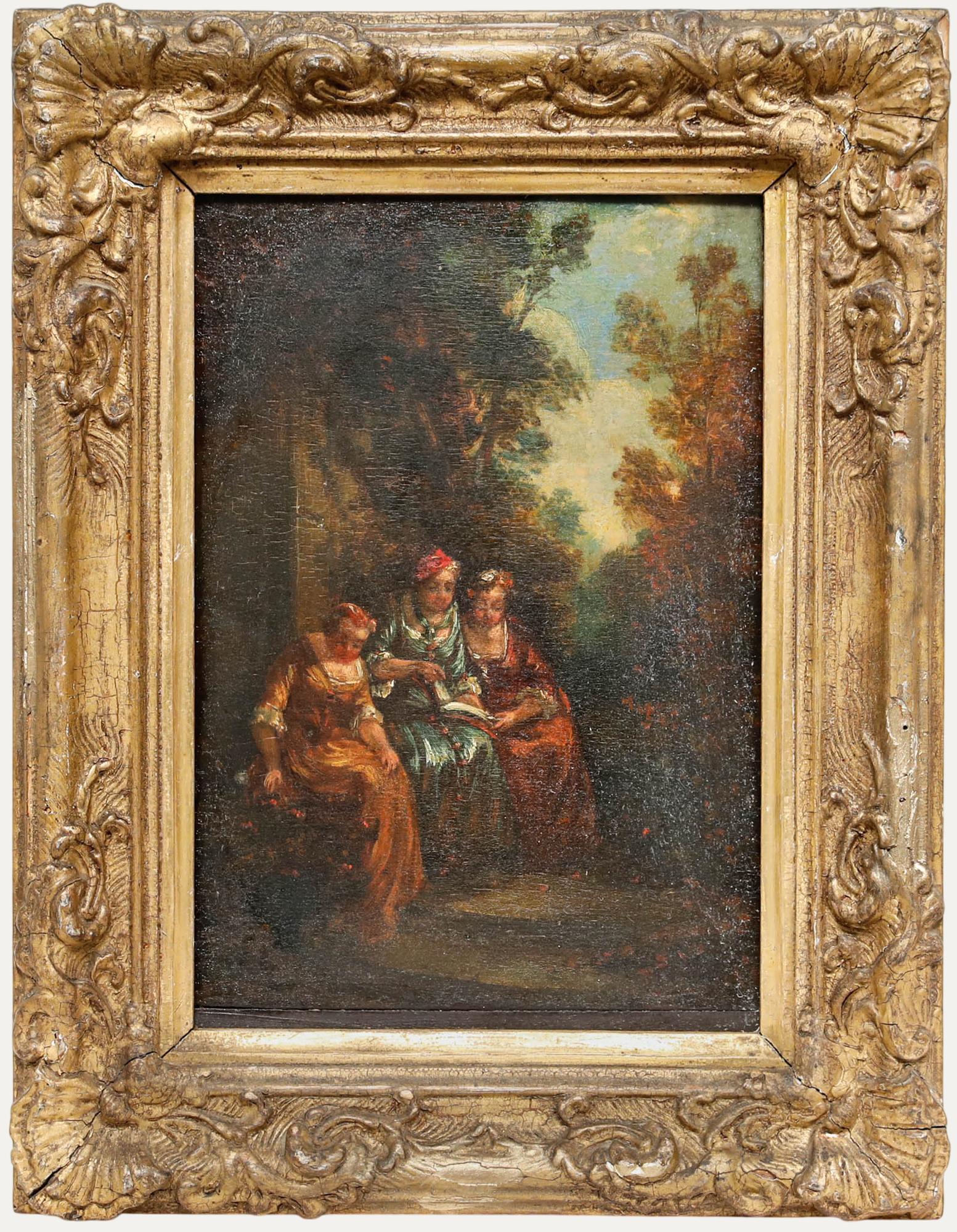 Unknown Figurative Painting - Framed 19th Century Oil - Ladies in the Garden