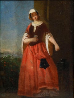 Framed 19th Century Oil - Lady Making a Donation