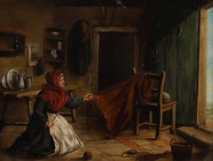 Framed 19th Century Oil - Mending Blankets