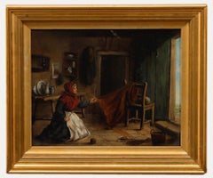 Framed 19th Century Oil - Mending Blankets