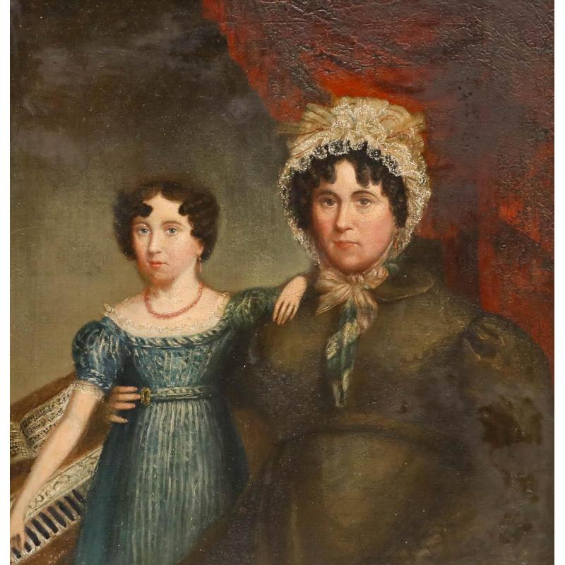 Gerahmtes Öl aus dem 19. Jahrhundert - Mutter und Tochter am Klavier – Painting von Unknown