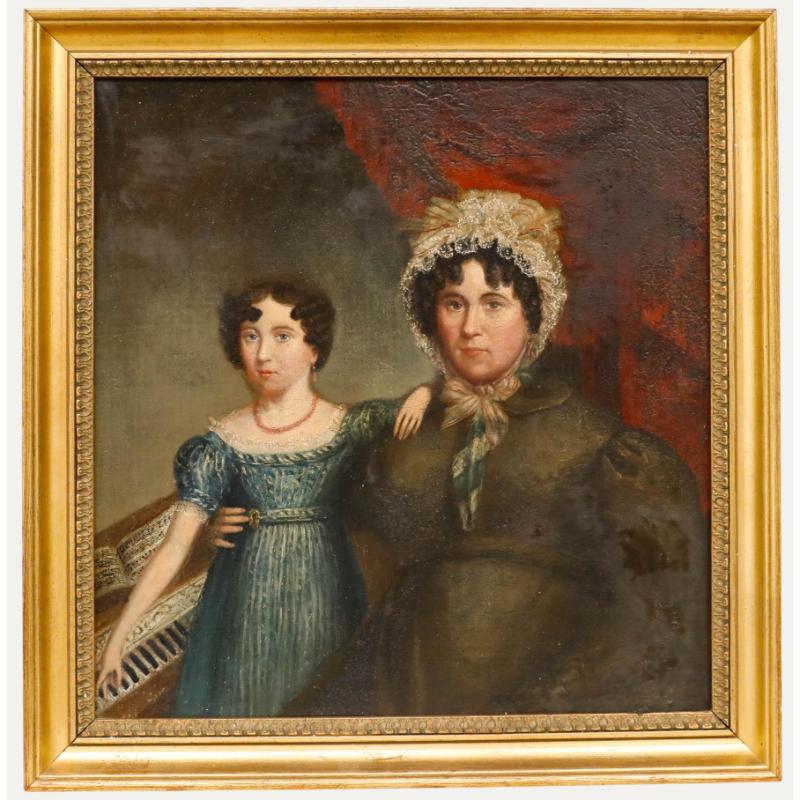 Unknown Portrait Painting – Gerahmtes Öl aus dem 19. Jahrhundert - Mutter und Tochter am Klavier