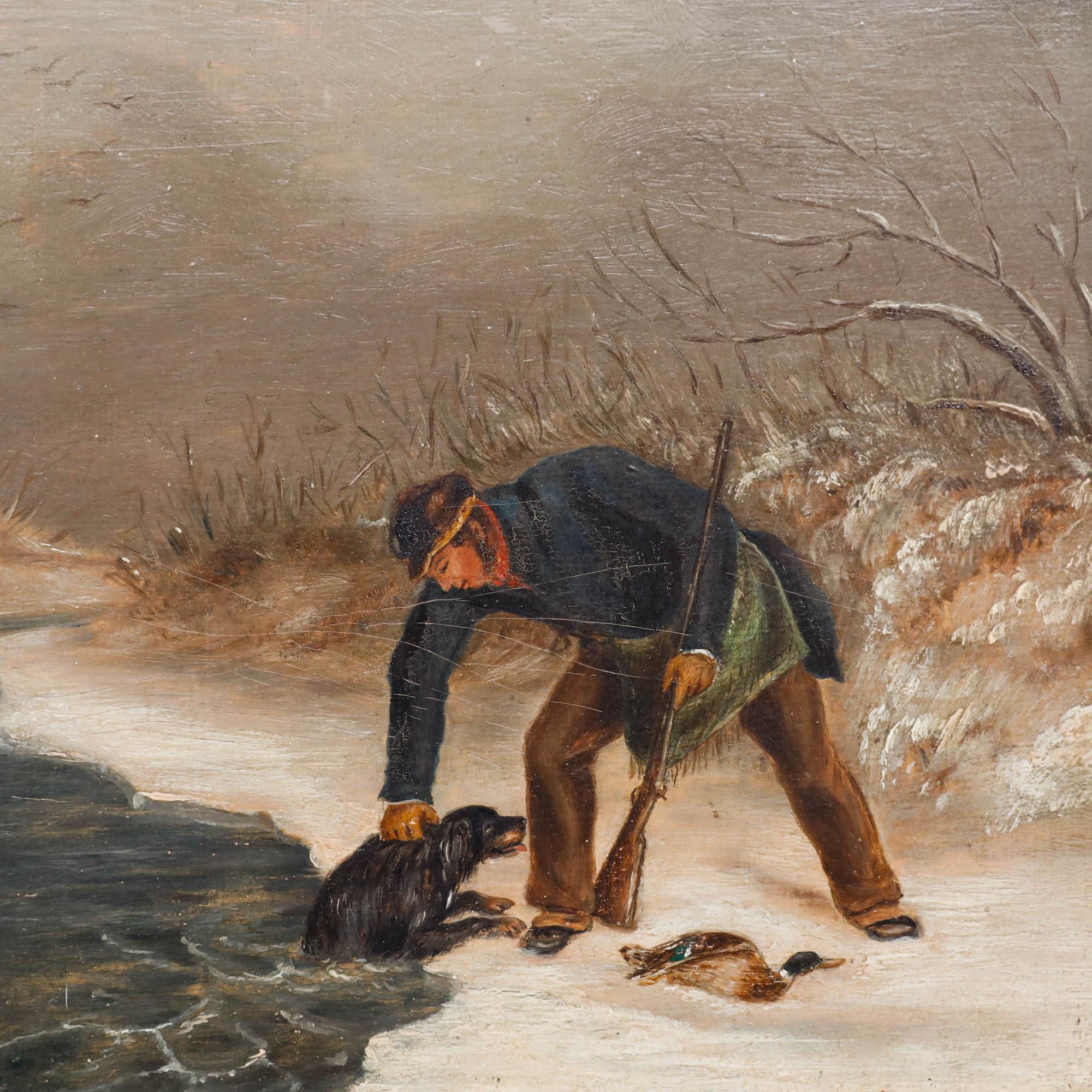 Una cautivadora escena del siglo XIX, que representa un momento de heroísmo canino y un pequeño drama acuático. Se representa a un caballero rescatando a su perro de un río helado. Al parecer, el perro ya ha conseguido recuperar un pato bastante