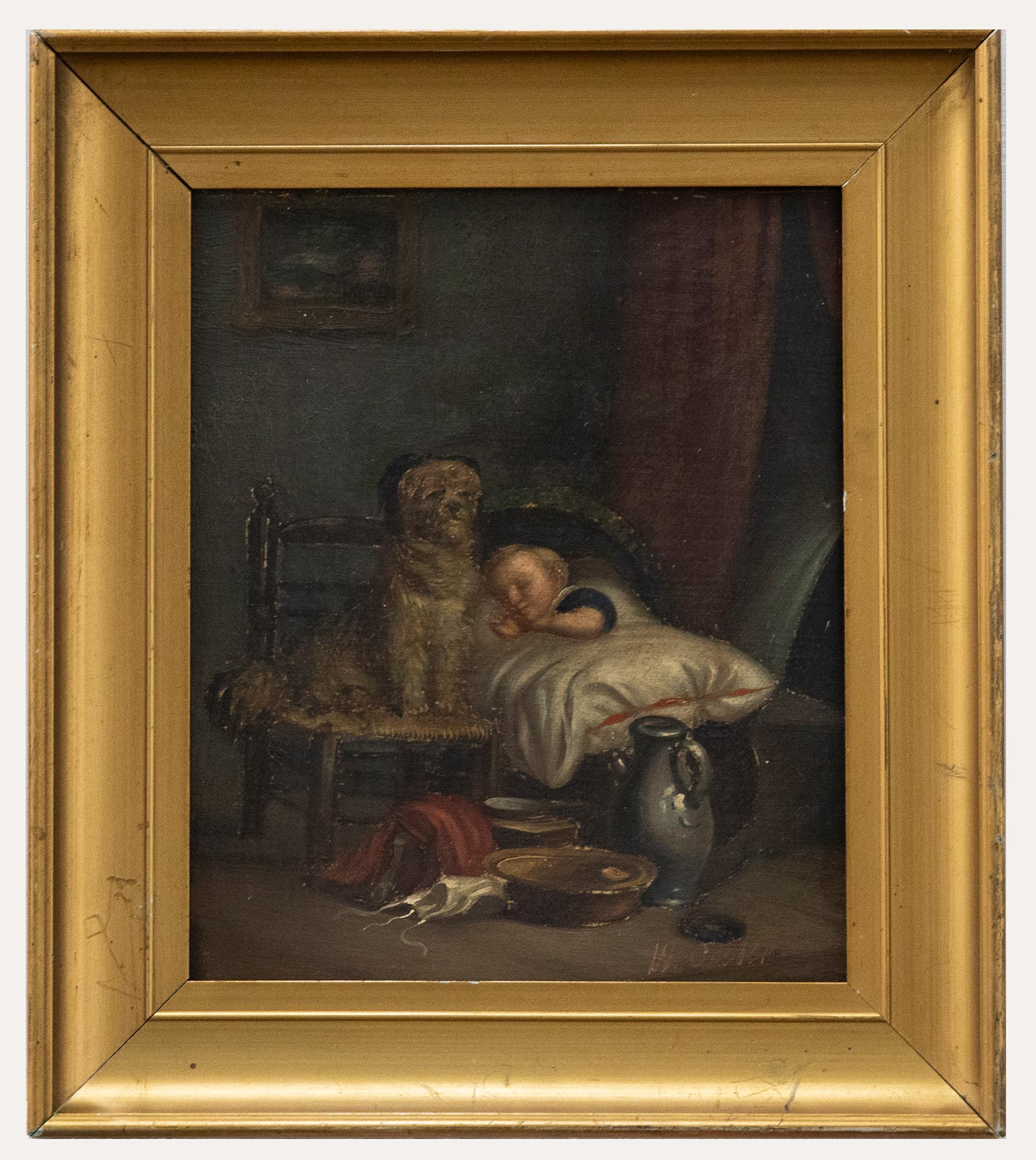Unknown Interior Painting – Gerahmtes Öl aus dem 19. Jahrhundert - Nachtwache
