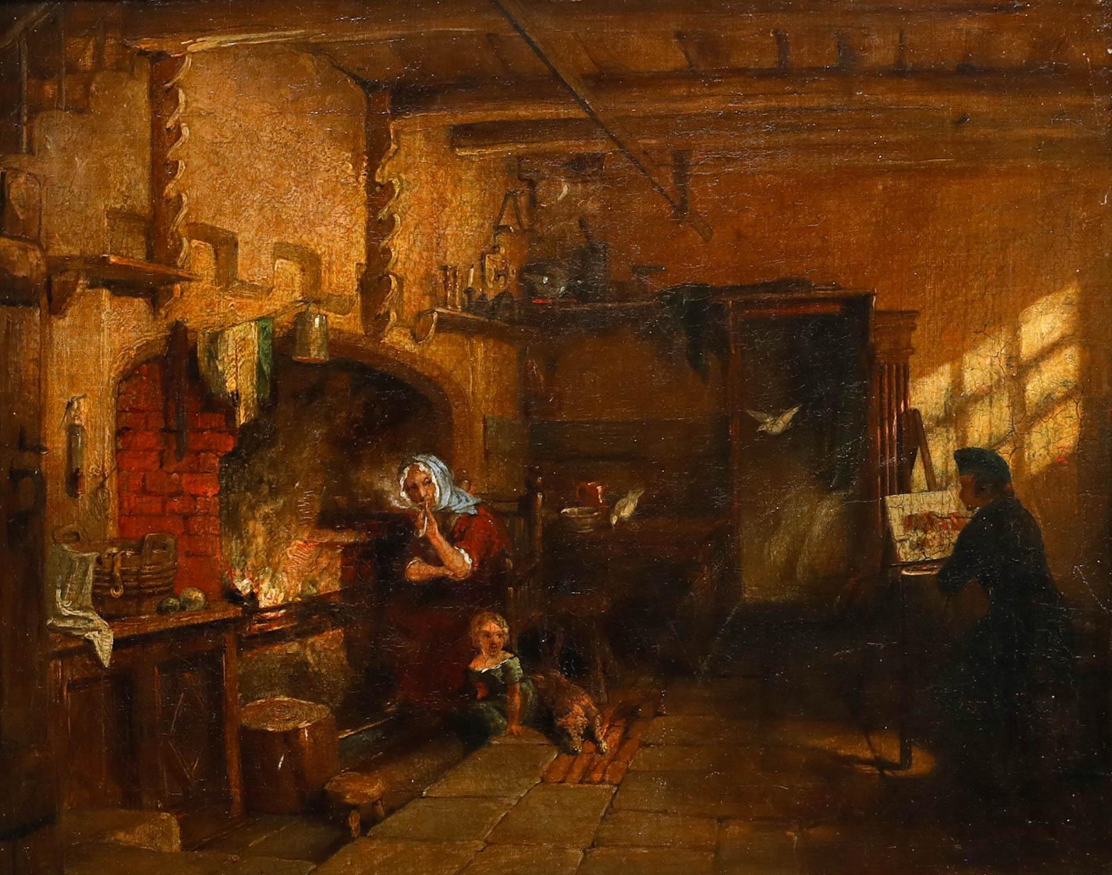 Gerahmtes Ölgemälde des 19. Jahrhunderts – Gemälde in der Küche – Painting von Unknown