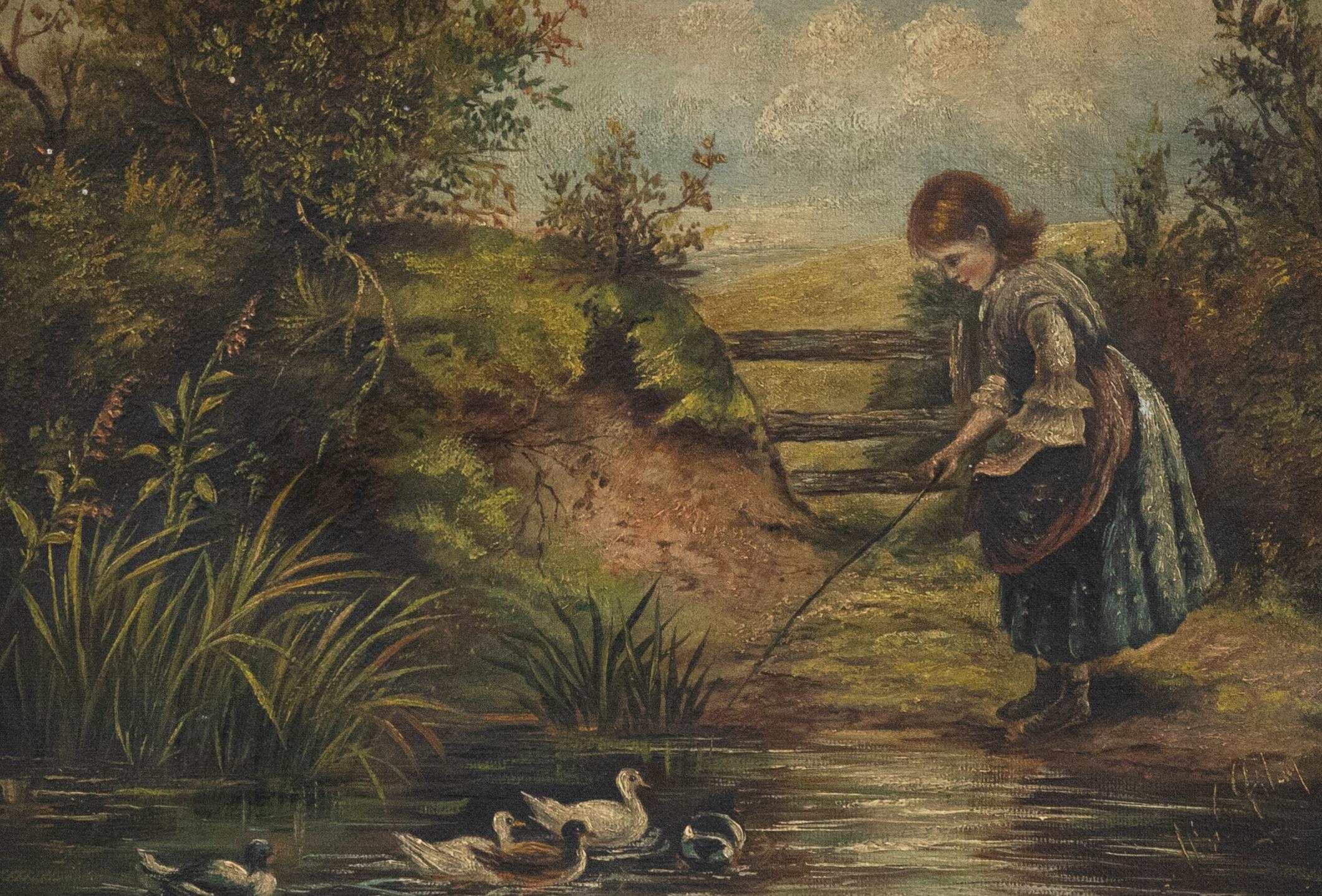 Framed 19th Century Oil - Playing by the Pond - Painting by Unknown