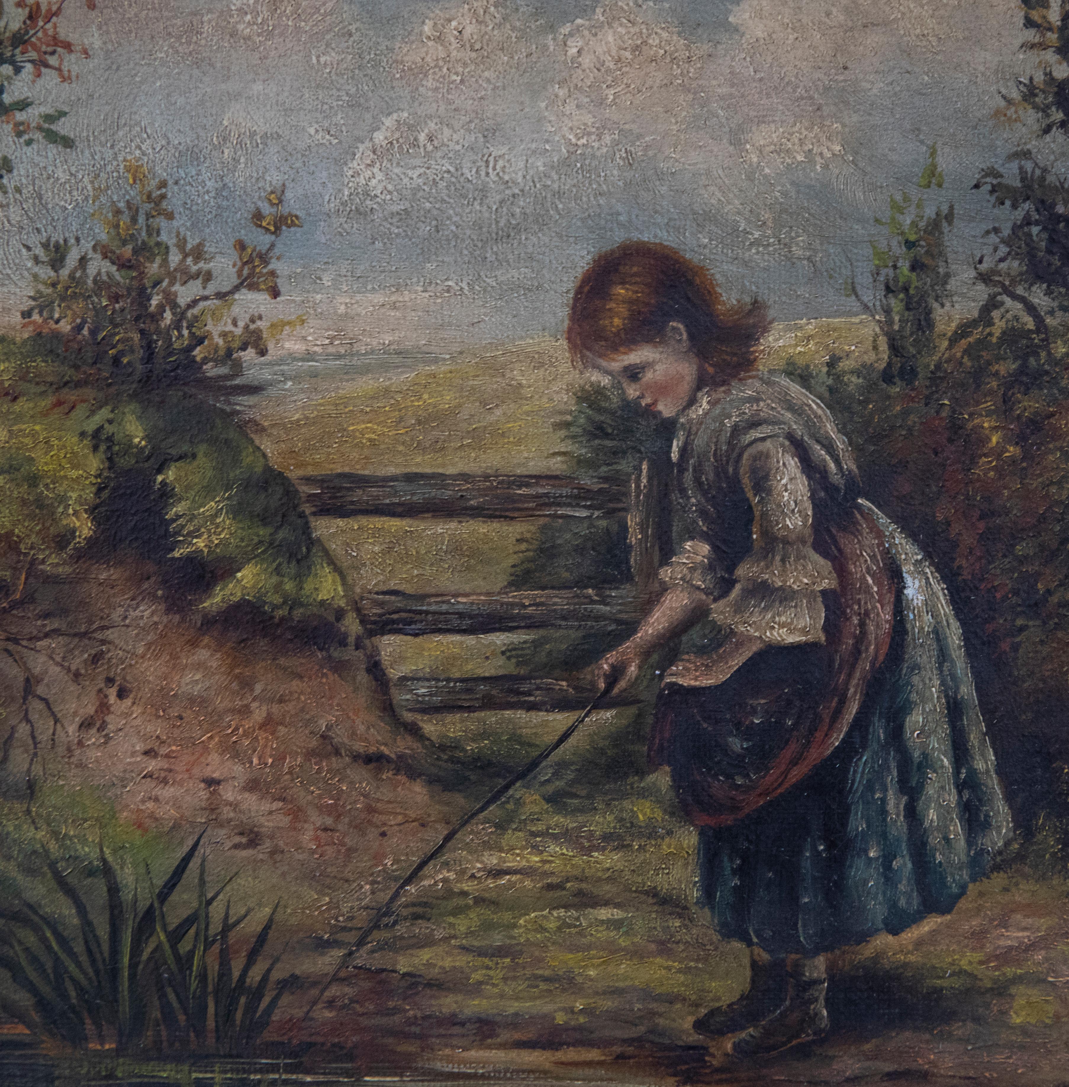 Framed 19th Century Oil - Playing by the Pond For Sale 1