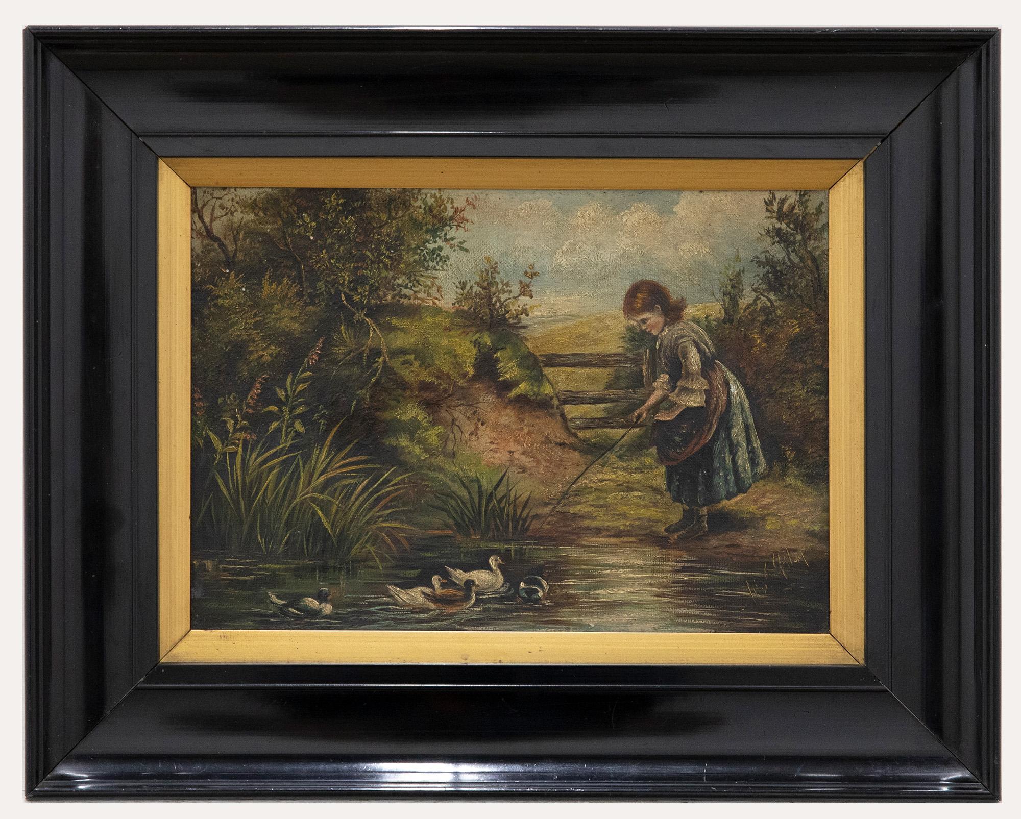 Unknown Figurative Painting - Framed 19th Century Oil - Playing by the Pond