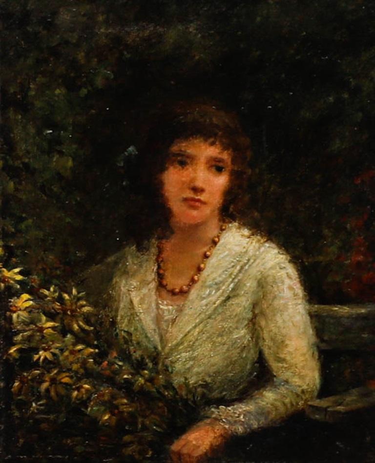 Olio del XIX secolo incorniciato - Ritratto di signora con spruzzo di fiori - Painting di Unknown