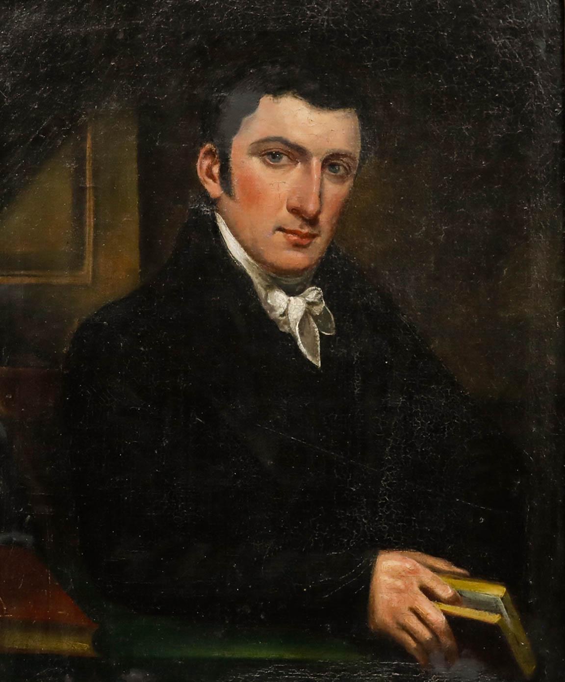 Huile encadrée du 19e siècle - Portrait d'un érudit - Painting de Unknown