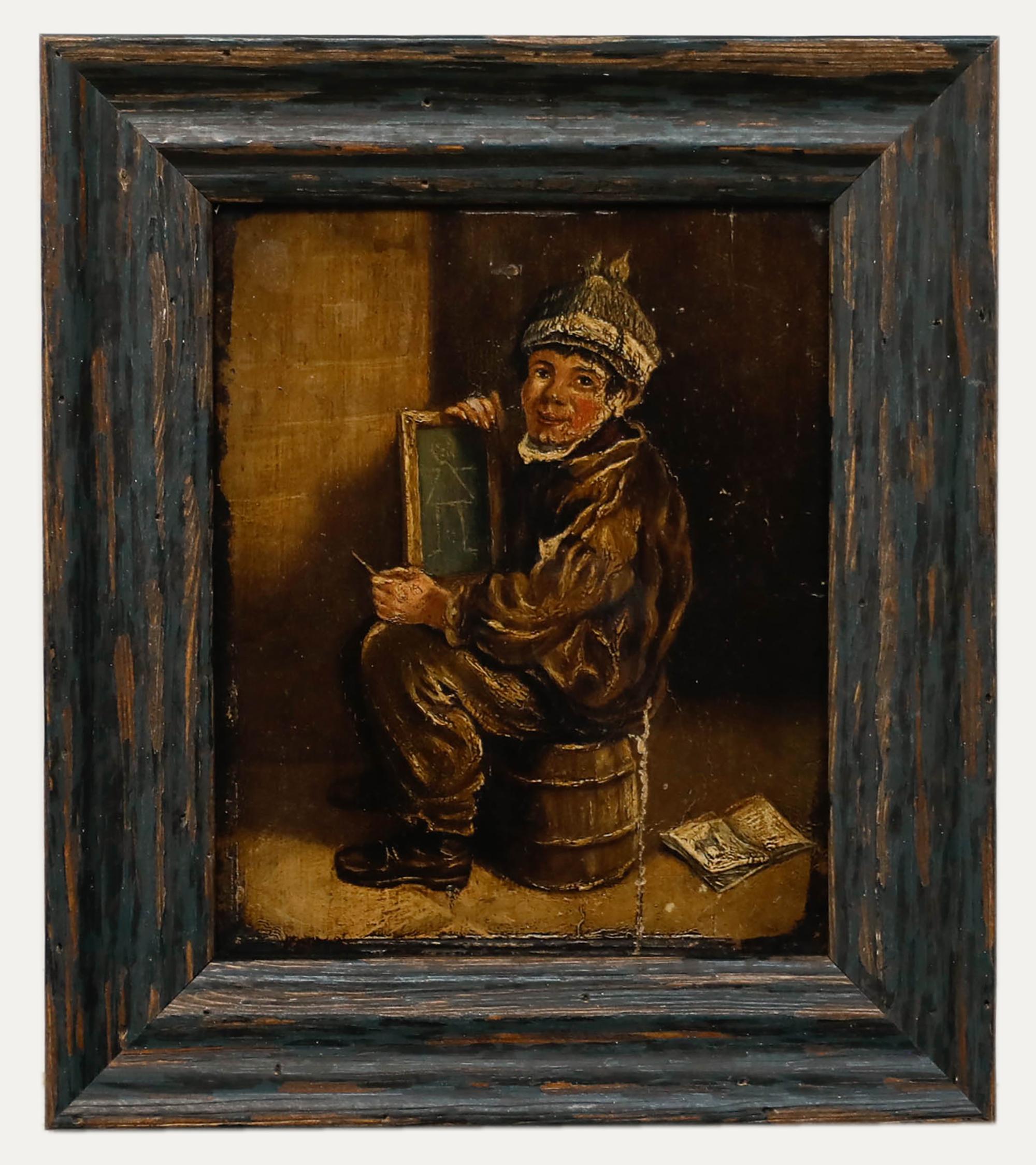Portrait Painting Unknown - Huile du 19e siècle encadrée - Portrait d'un Urchin de rue