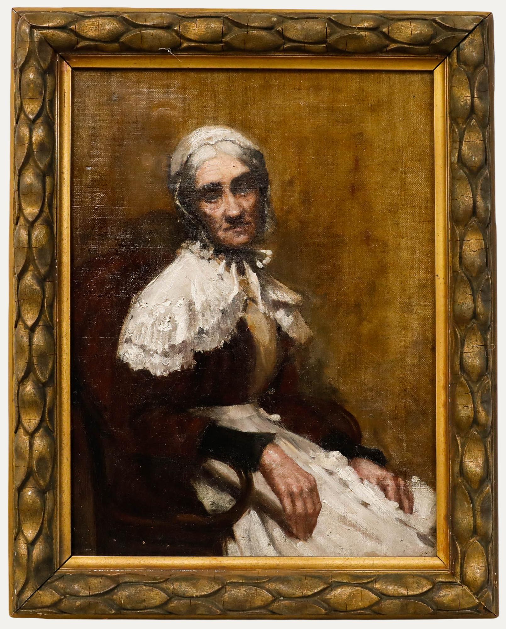 Portrait Painting Unknown - Huile encadrée du 19e siècle - Portrait d'une dame âgée