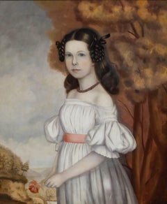 Framed 19th Century Oil - Portrait of Young Girl Holding a Flower