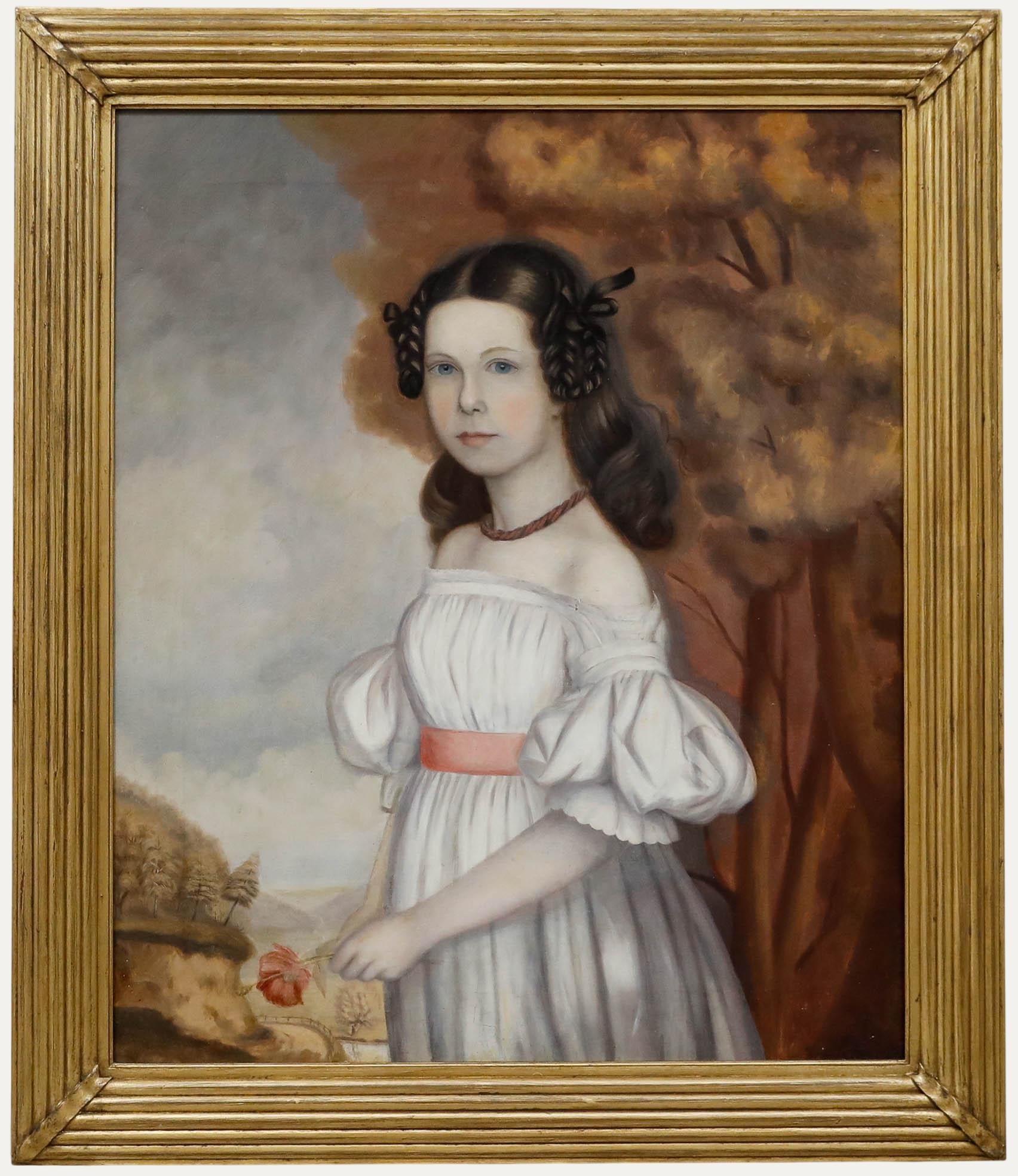 Framed 19th Century Oil - Portrait of Young Girl Holding a Flower