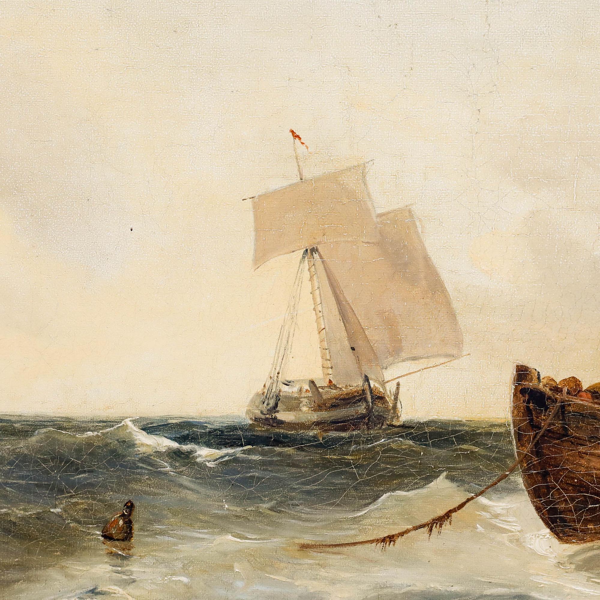 Uno studio di paesaggio marino del XIX secolo molto bello che raffigura dei marinai che tornano a riva dopo un lungo viaggio. Un veliero si trova all'orizzonte mentre il sole inizia a tramontare in lontananza. Ben presentato in una cornice con