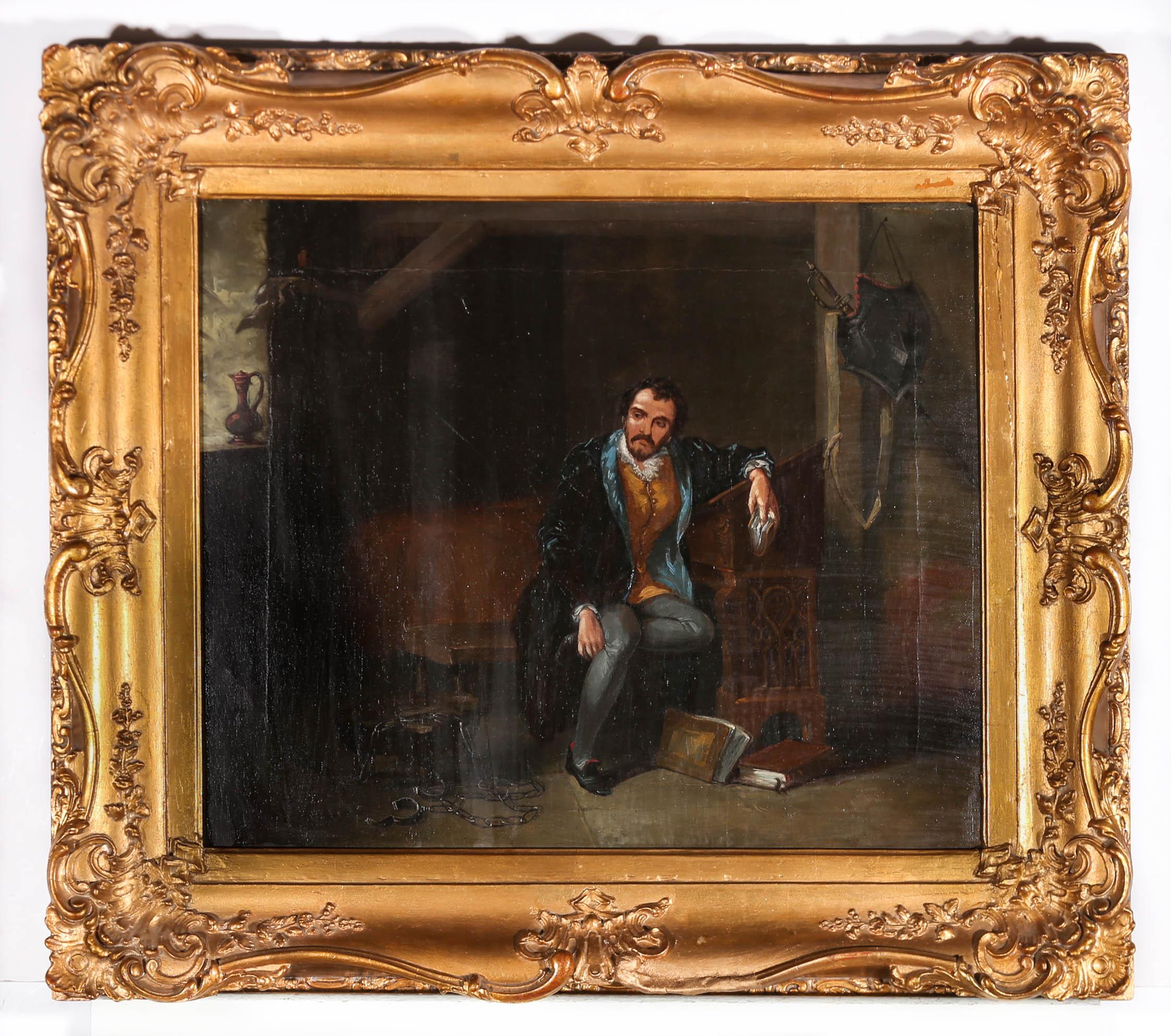 A fine 19th century oil depicting a Shakespearean actor in Elizabethan costume, playing the part of an imprisoned man in private chambers. Several props surround the male player, symbolising the character his is trying to portray. Unsigned. The