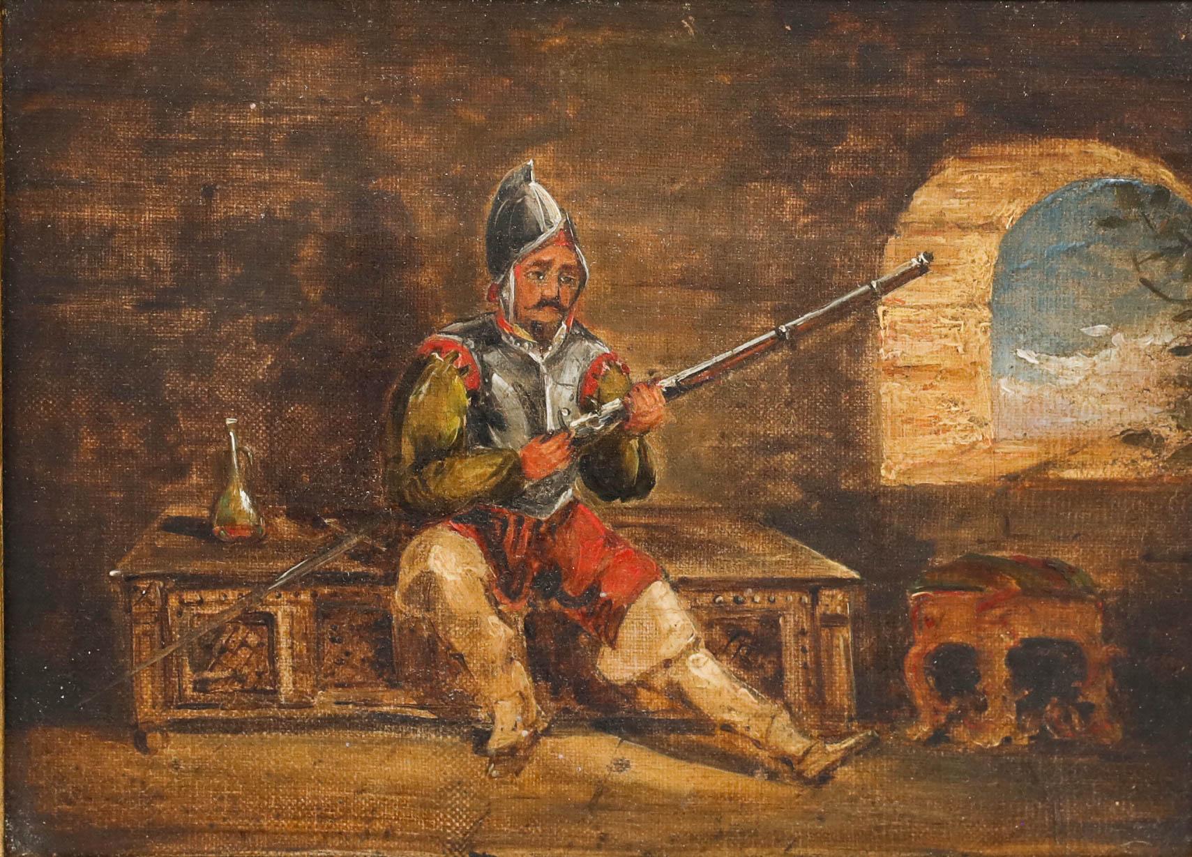 Gerahmtes Ölgemälde des 19. Jahrhunderts – Soldat auf Uhr – Painting von Unknown