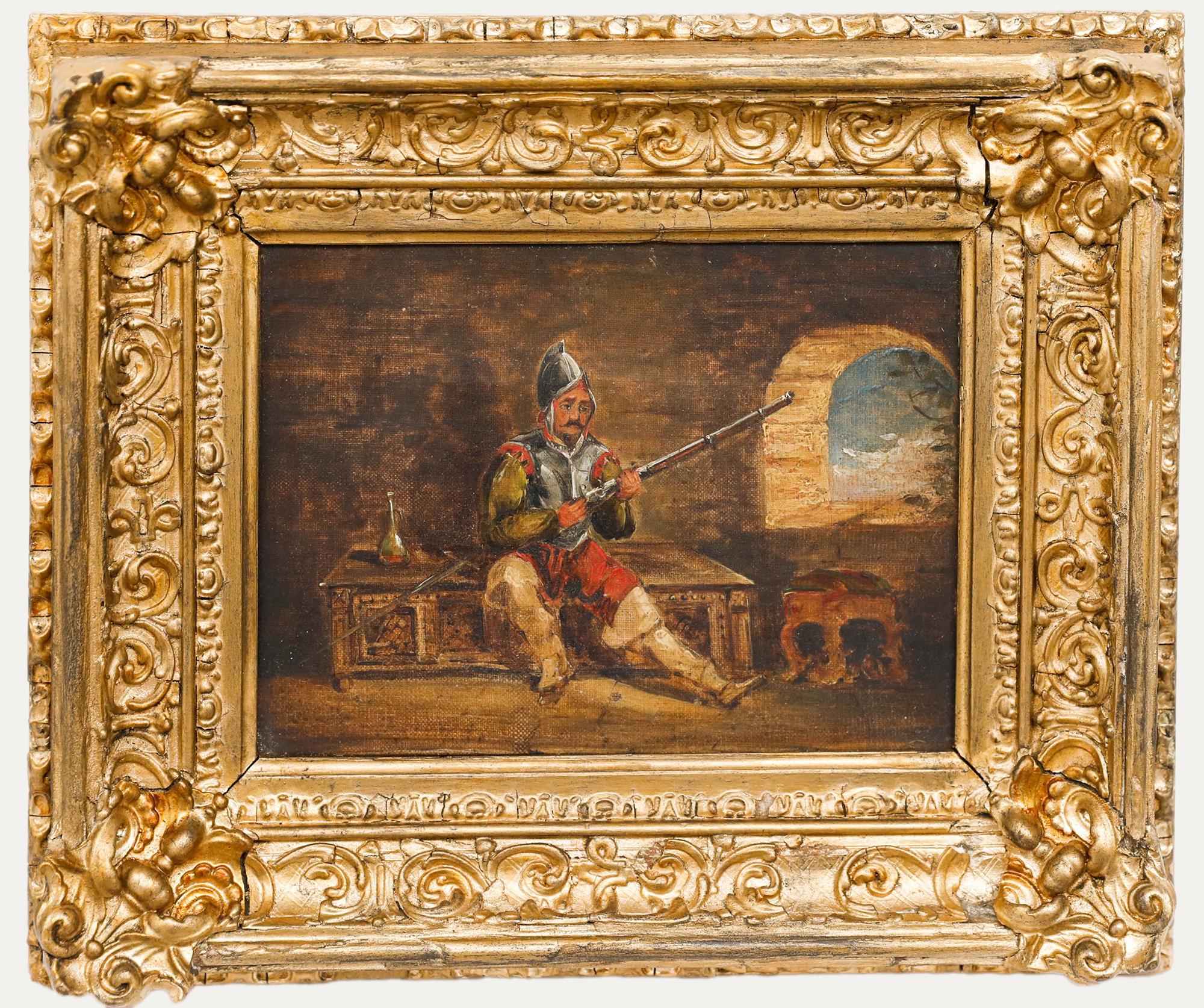 Unknown Portrait Painting – Gerahmtes Ölgemälde des 19. Jahrhunderts – Soldat auf Uhr